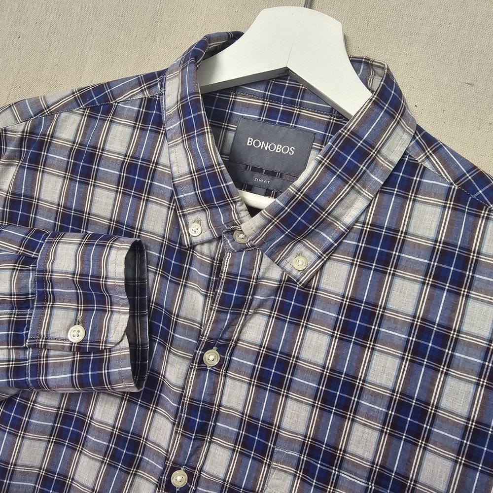 Bonobos Men's Large Blue Plaid Slim Fit Grid Check Long Sleeve Button Down Shirt